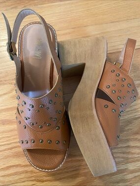Tan Studded Leather Platform Slingback Sandals